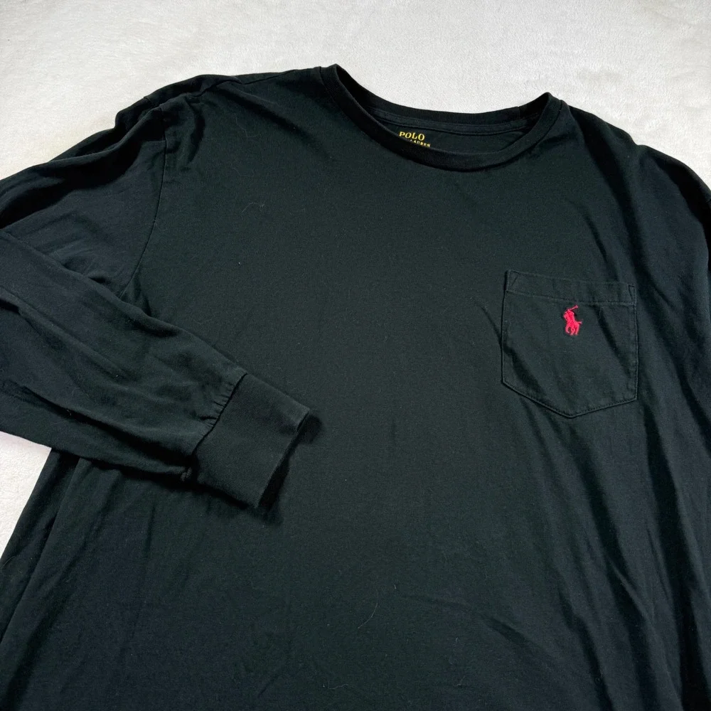 Polo Ralph Lauren Mens Long Sleeve Pocket T-Shirt Black Red Pony Cotton Large